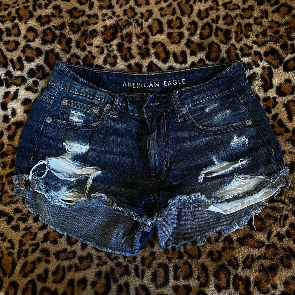 American Eagle dark wash distressed jean shorts, size 0